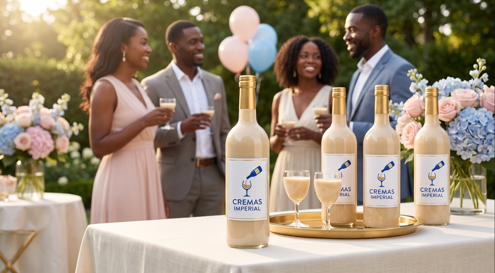 Adult guests at a blush-and-blue celebration with Crémas Impérial bottles